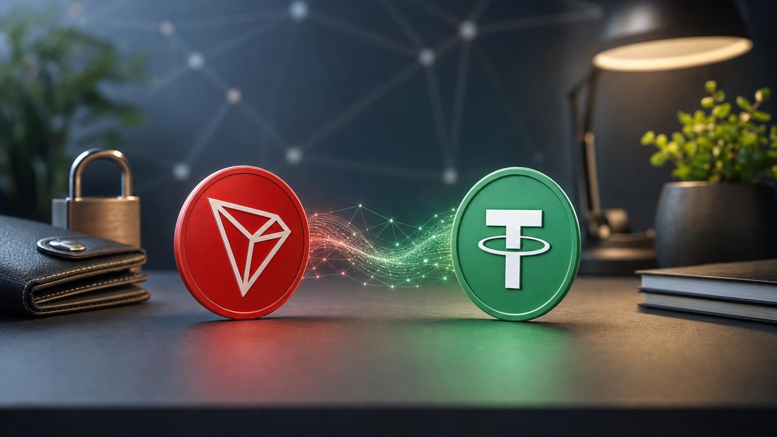 TRX and USDT exchange details displayed beside a two-pass verification checklist for a transaction on the TRON network